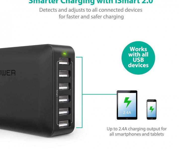 RAVPower 60W 12A 6-Port USB Desktop Charging Station with iSmart Technology Black (RP-PC028BK)